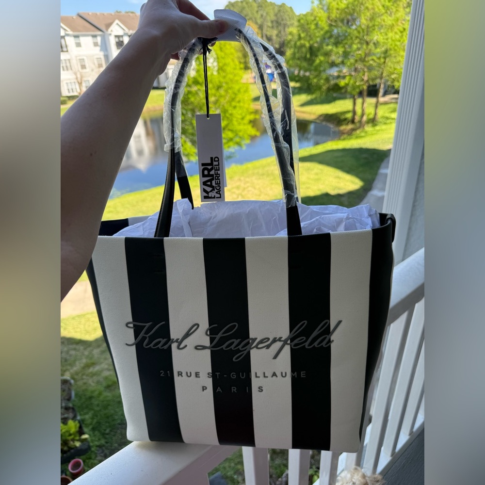 New Karl Lagerfeld Black and White Striped Tote Bag